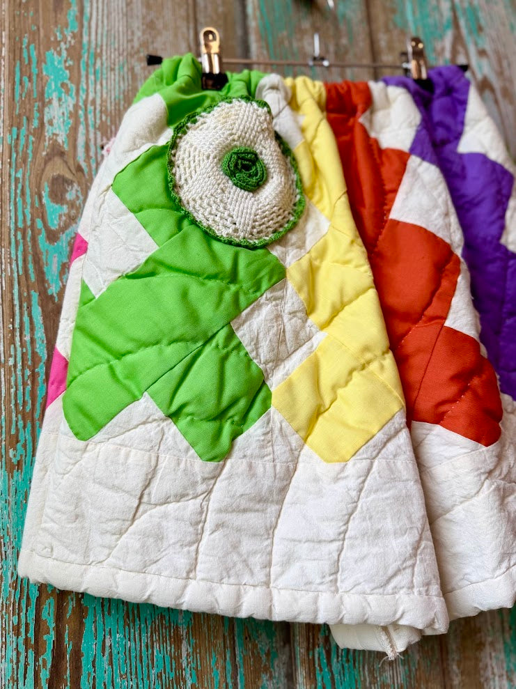 Upcycled Vintage Chimney Sweep Quilt Shorts with Doily Pockets: Women's Small
