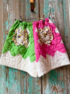 Upcycled Vintage Chimney Sweep Quilt Shorts with Doily Pockets: Women's Small