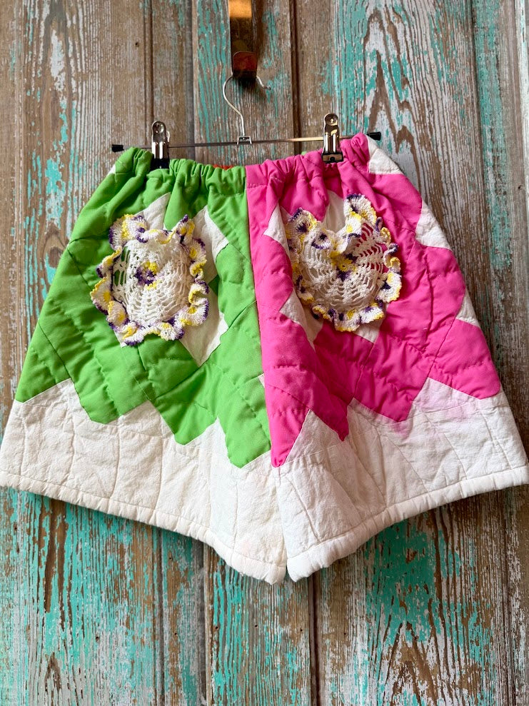 Upcycled Vintage Chimney Sweep Quilt Shorts with Doily Pockets: Women's Small