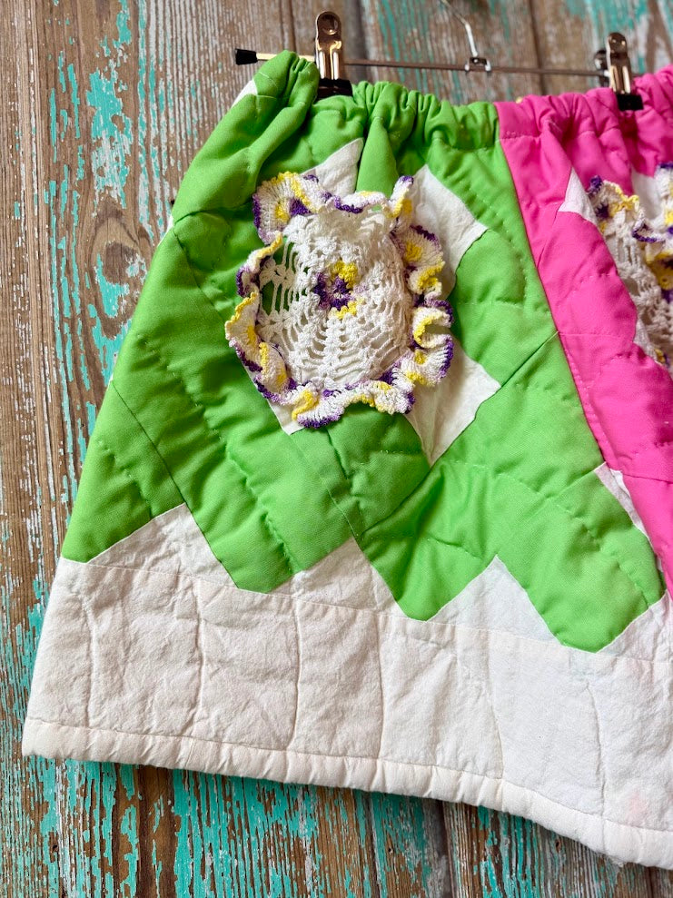 Upcycled Vintage Chimney Sweep Quilt Shorts with Doily Pockets: Women's Small