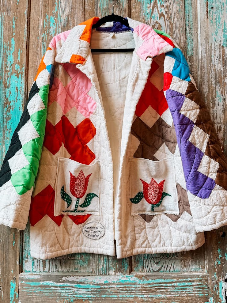 Upcycled Vintage Chimney Sweep Quilt Coat with Tea Towel Pockets: Unisex Medium