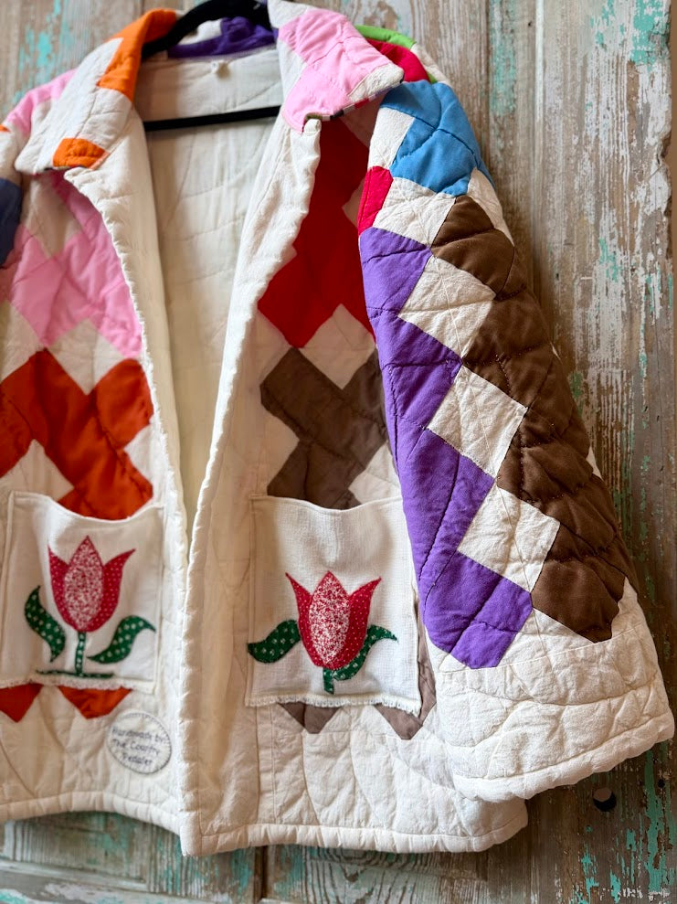 Upcycled Vintage Chimney Sweep Quilt Coat with Tea Towel Pockets: Unisex Medium