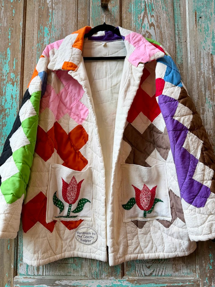 Upcycled Vintage Chimney Sweep Quilt Coat with Tea Towel Pockets: Unisex Medium