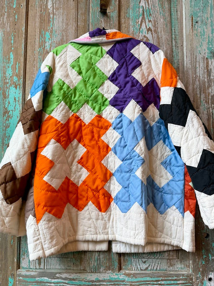 Upcycled Vintage Chimney Sweep Quilt Coat with Tea Towel Pockets: Unisex Medium