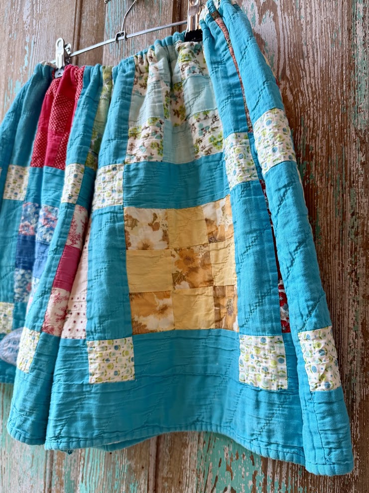 Upcycled Vintage 9-Patch Quilt Shorts with Pockets: Women's Large