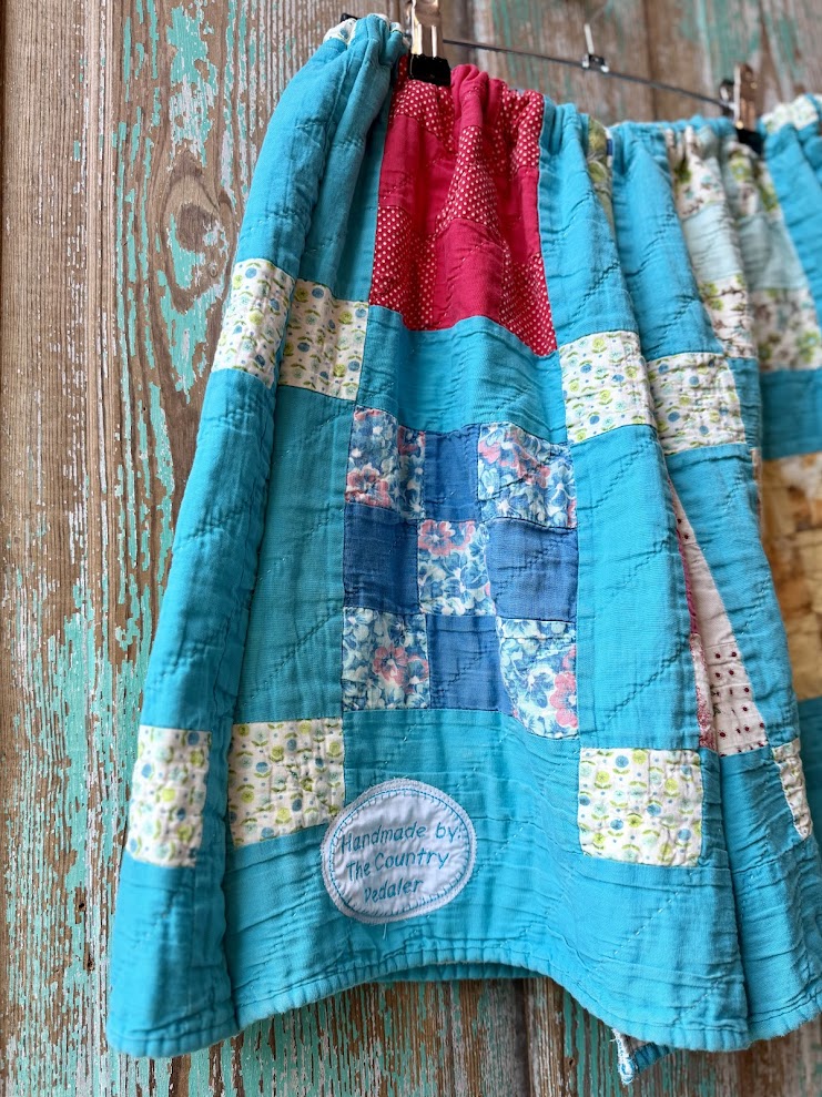 Upcycled Vintage 9-Patch Quilt Shorts with Pockets: Women's Large