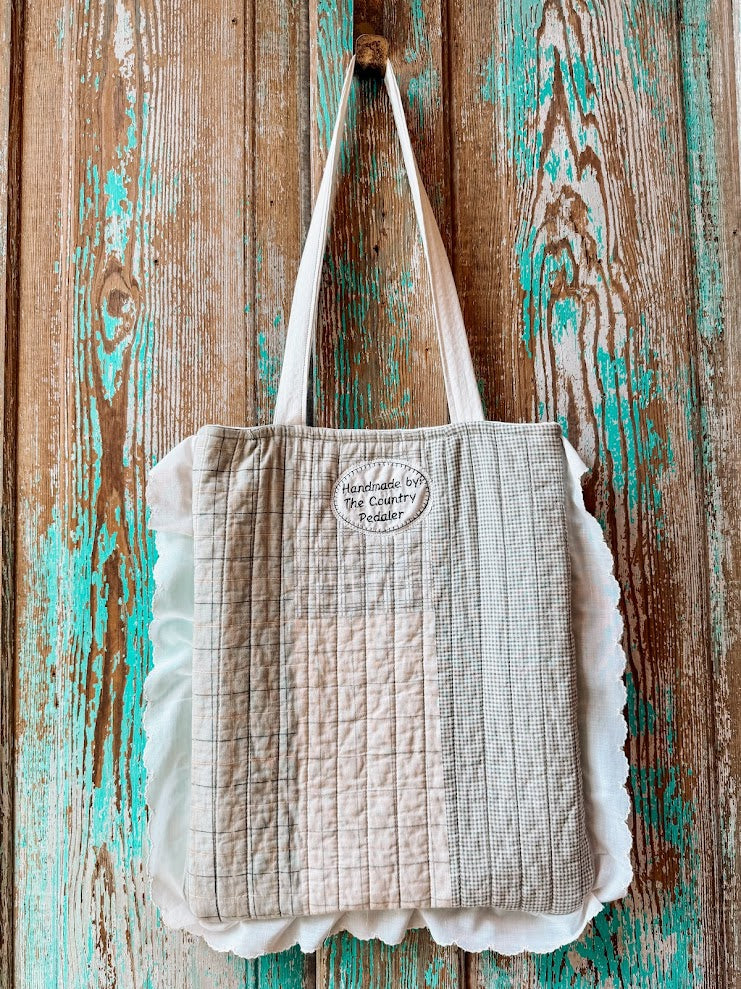 Upcycled Grey Plaid Quilt Tote with Ruffle Edge: A