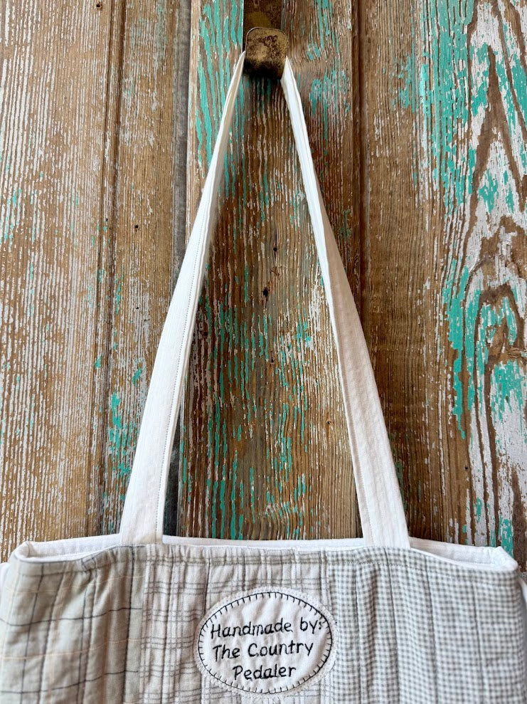 Upcycled Grey Plaid Quilt Tote with Ruffle Edge: A