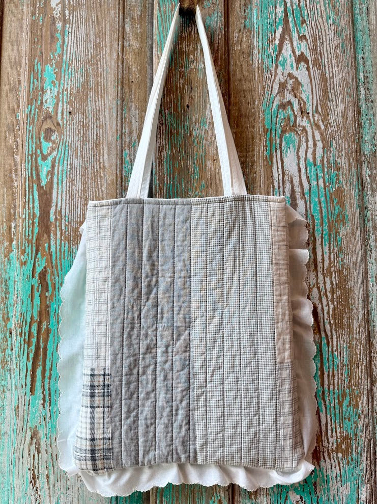 Upcycled Grey Plaid Quilt Tote with Ruffle Edge: A