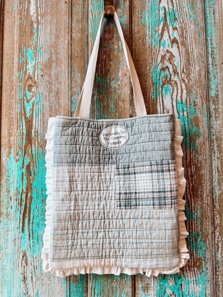 Upcycled Grey Plaid Quilt Tote with Ruffle Edge: B