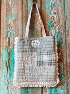 Upcycled Grey Plaid Quilt Tote with Ruffle Edge: B