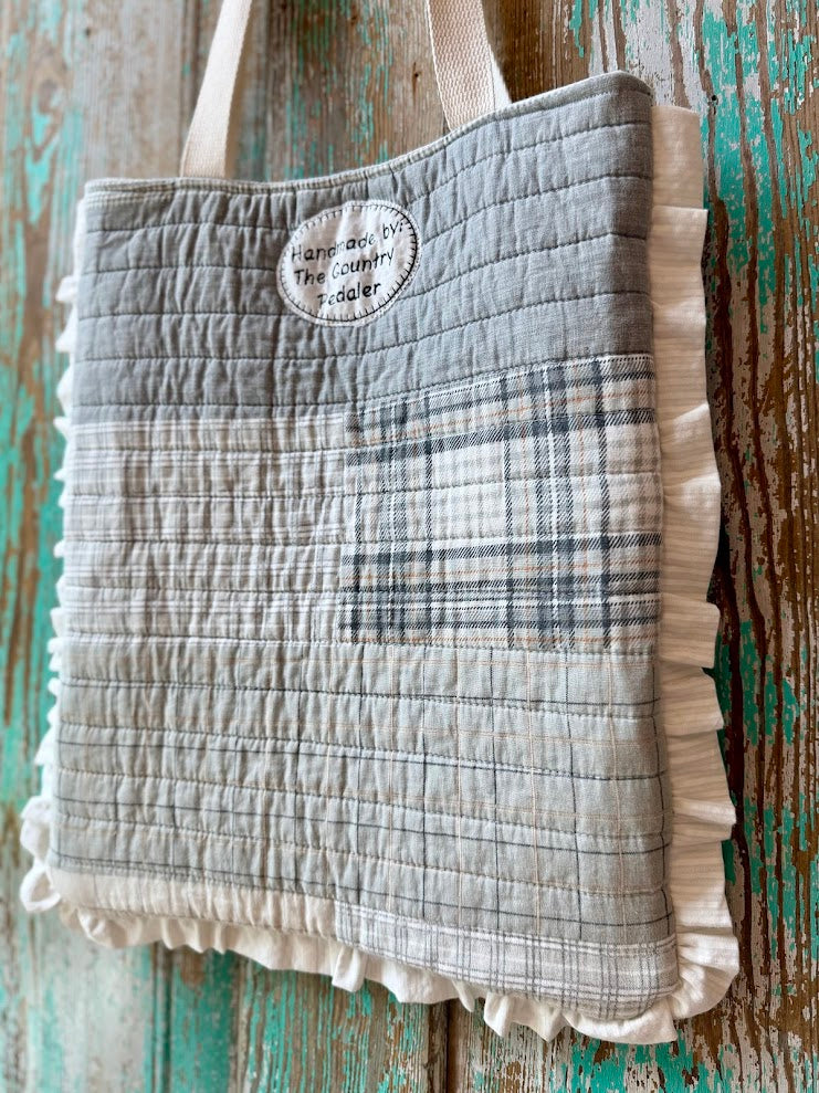 Upcycled Grey Plaid Quilt Tote with Ruffle Edge: B