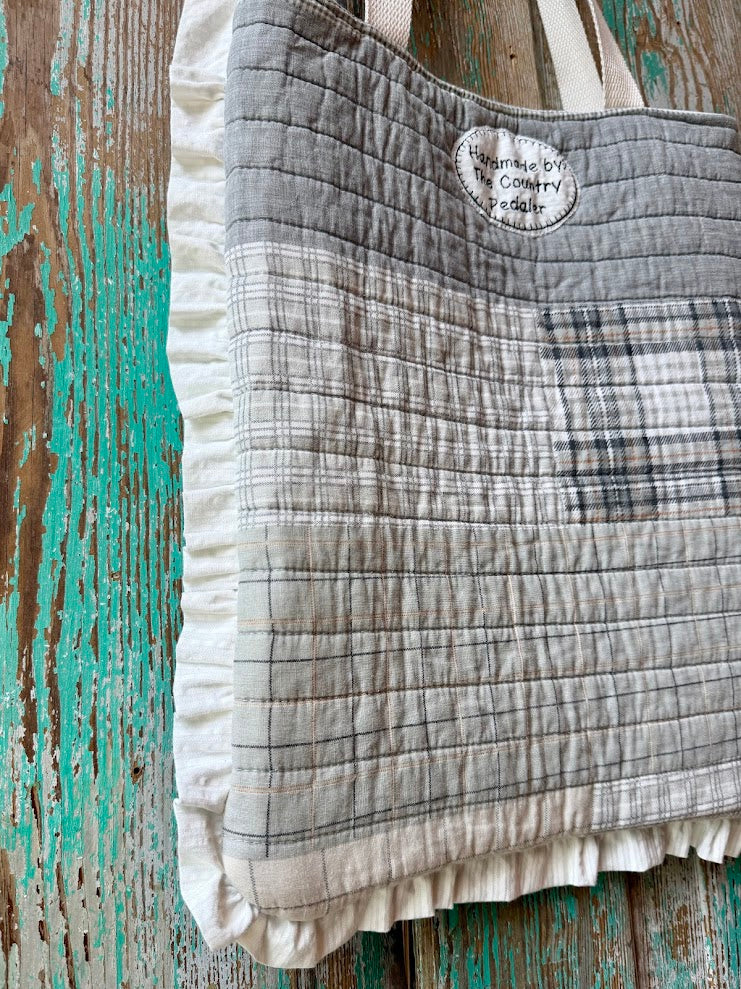Upcycled Grey Plaid Quilt Tote with Ruffle Edge: B