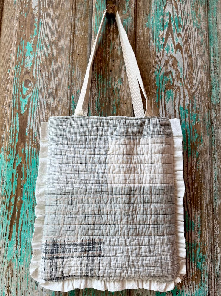 Upcycled Grey Plaid Quilt Tote with Ruffle Edge: B