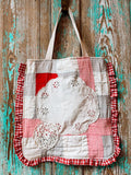Upcycled Vintage Red & White Quilt & Doily Tote with Ruffle Edge