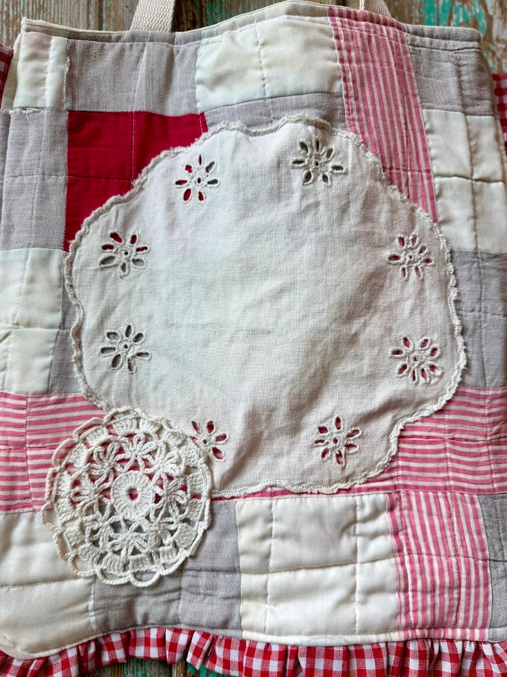Upcycled Vintage Red & White Quilt & Doily Tote with Ruffle Edge