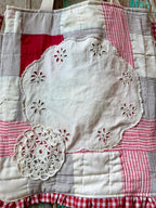Upcycled Vintage Red & White Quilt & Doily Tote with Ruffle Edge