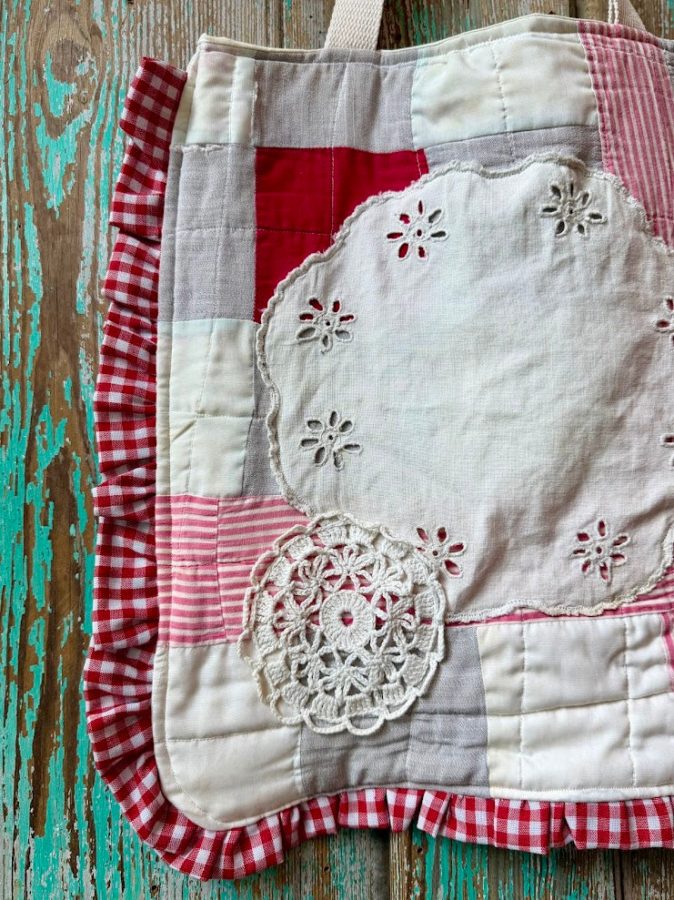 Upcycled Vintage Red & White Quilt & Doily Tote with Ruffle Edge