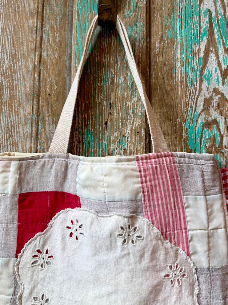 Upcycled Vintage Red & White Quilt & Doily Tote with Ruffle Edge