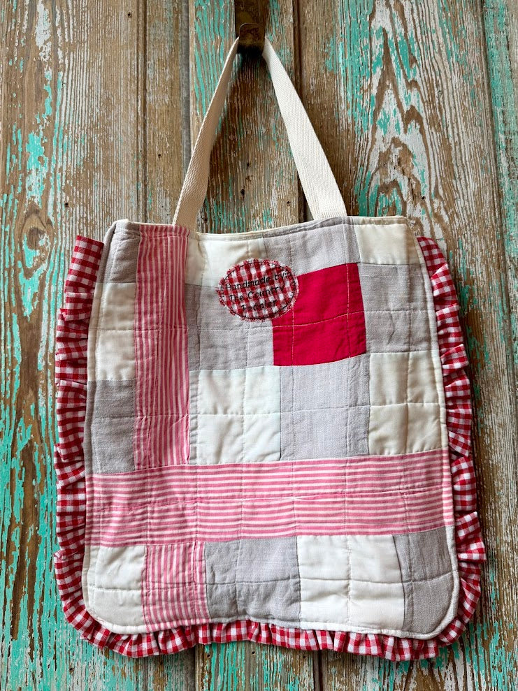 Upcycled Vintage Red & White Quilt & Doily Tote with Ruffle Edge