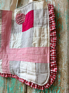 Upcycled Vintage Red & White Quilt & Doily Tote with Ruffle Edge