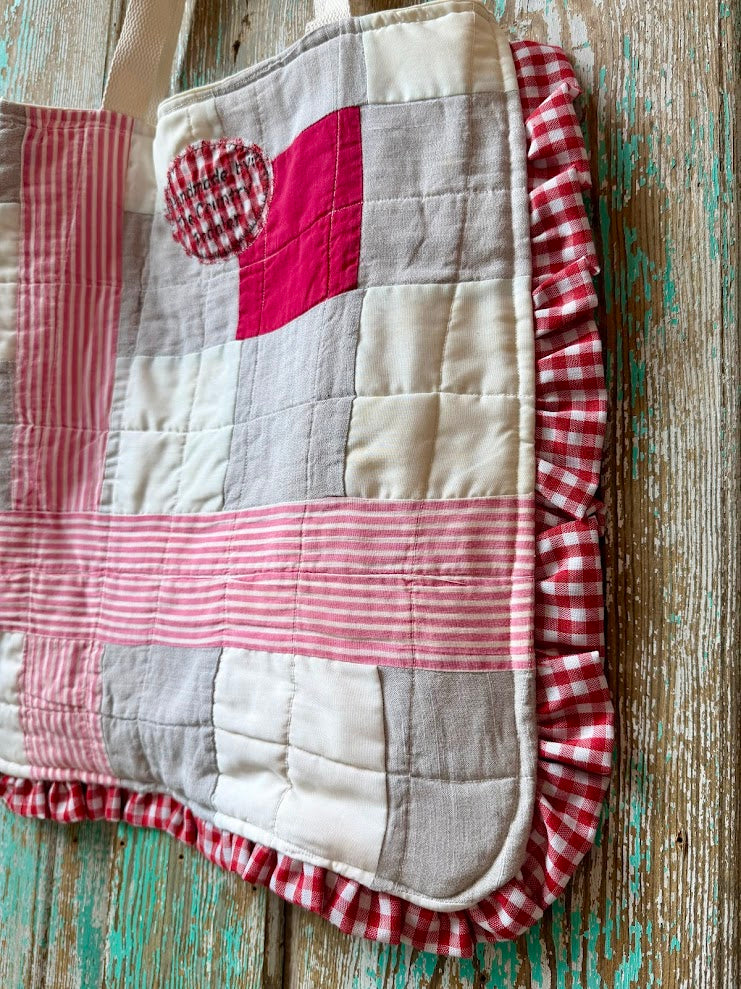 Upcycled Vintage Red & White Quilt & Doily Tote with Ruffle Edge