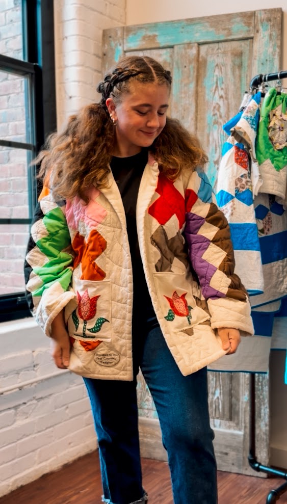 Upcycled Vintage Chimney Sweep Quilt Coat with Tea Towel Pockets: Unisex Medium