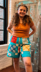 Upcycled Vintage 9-Patch Quilt Shorts with Pockets: Women's Large