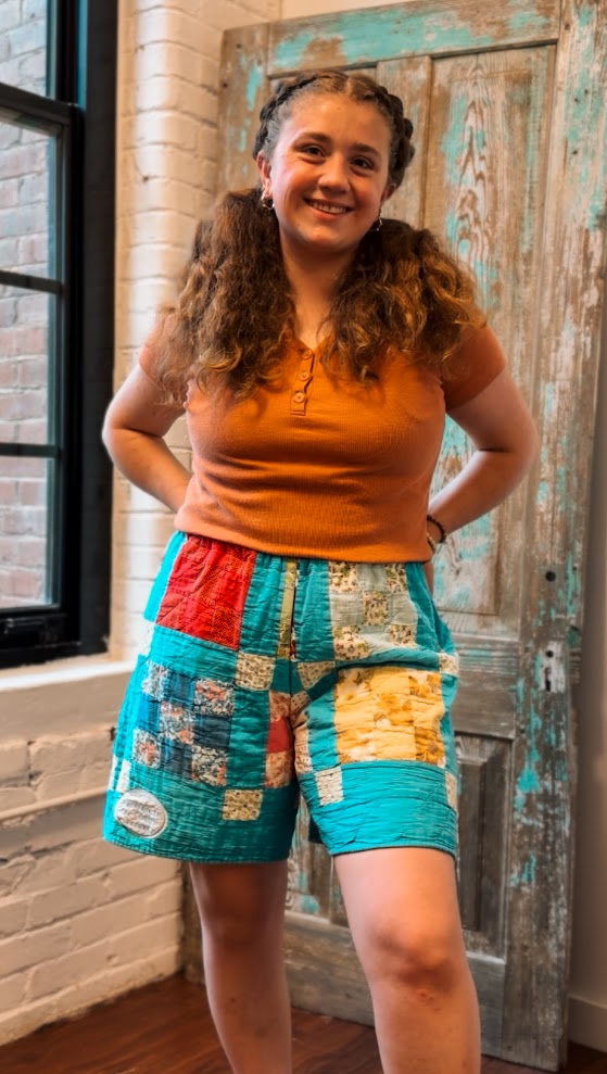 Upcycled Vintage 9-Patch Quilt Shorts with Pockets: Women's Large
