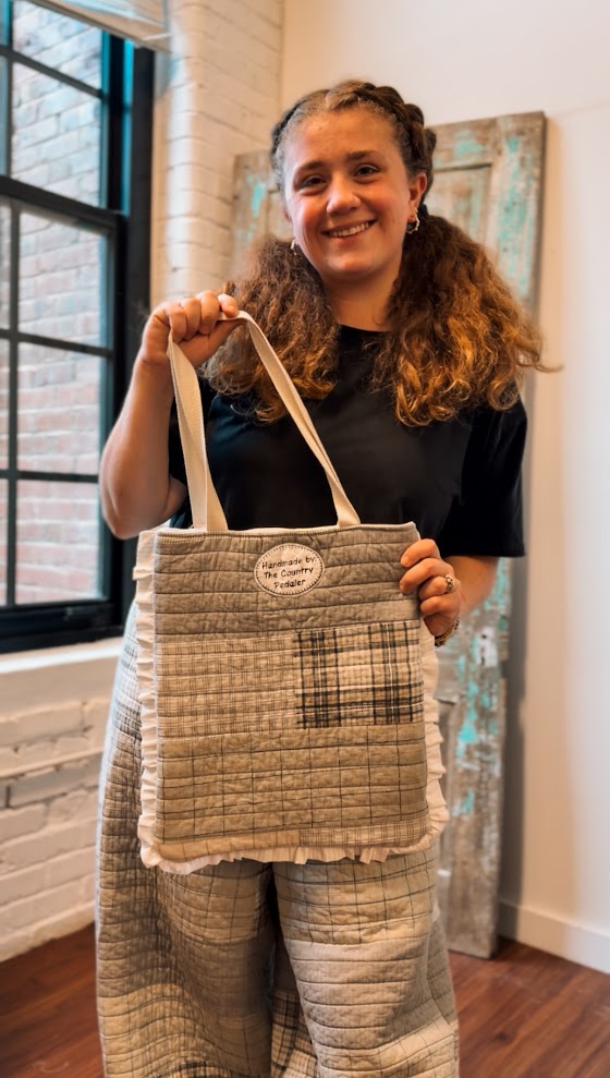 Upcycled Grey Plaid Quilt Tote with Ruffle Edge: B
