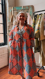 Upcycled "Home Country" Vintage Red and Blue Quilt Top Duster with Tie-Front: Women's Large