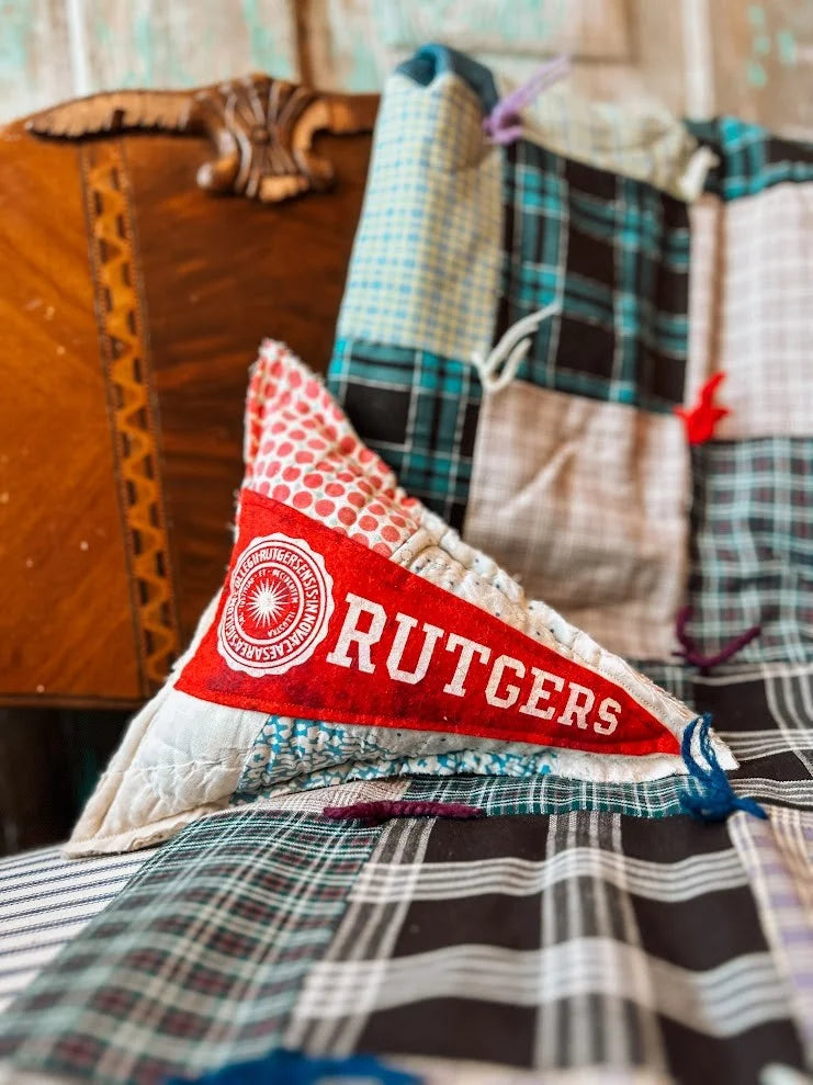 Upcycled 1960s Vintage Rutgers University Pennant on Mini Quilt Pillow