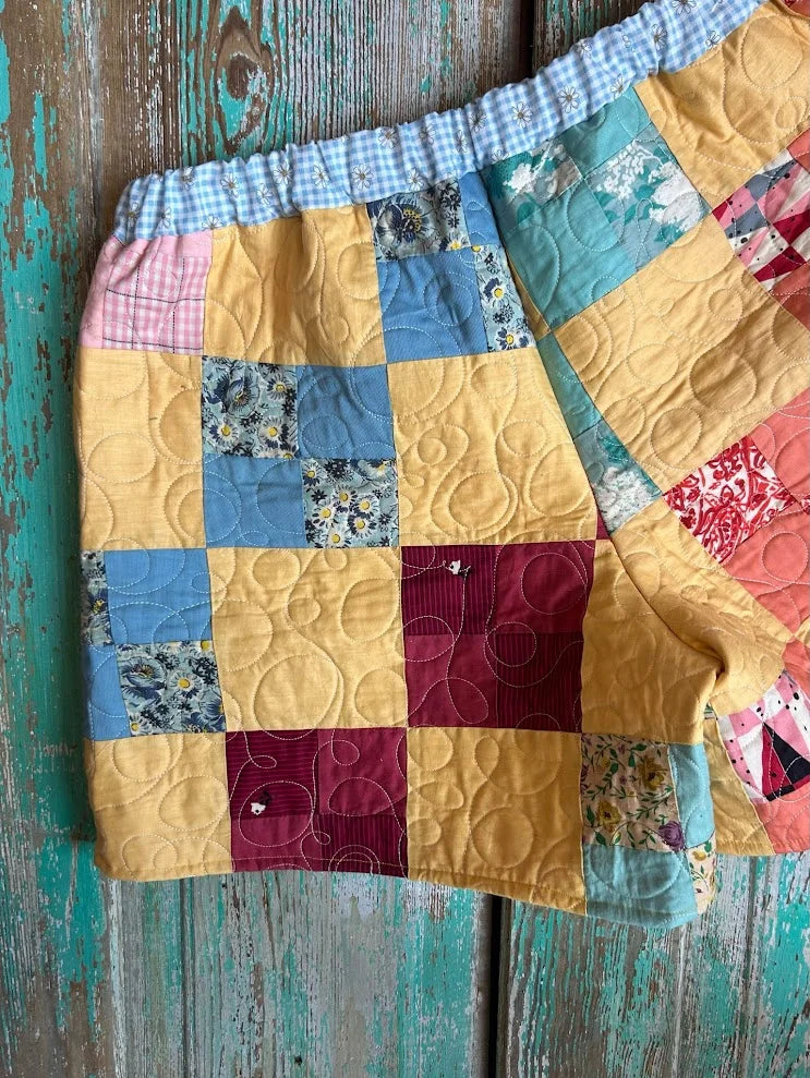 Upcycled "Yellow 4-Patch" Vintage Quilt Shorts with Pockets: Women's XL