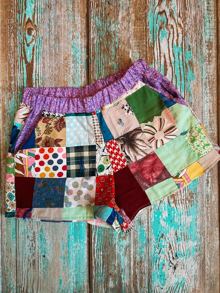 Upcycled "Crazy Patchwork" Vintage Quilt Shorts with Pockets: Women's Medium