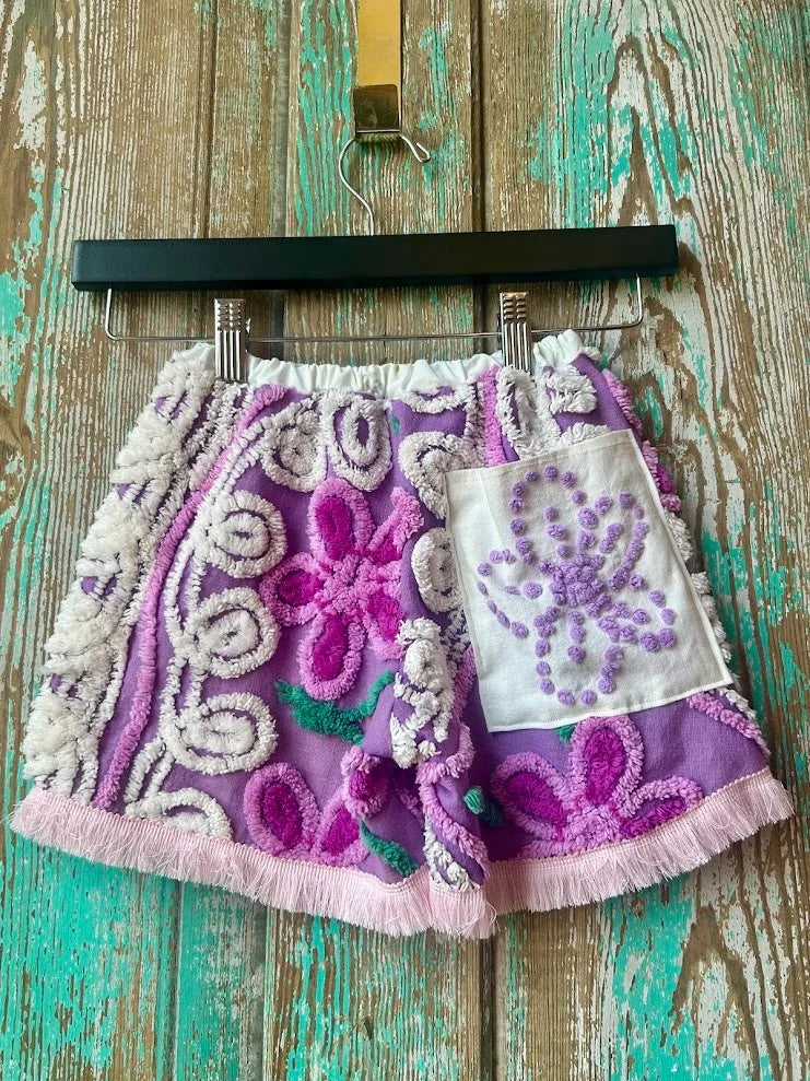Upcycled "Purple Power" Vintage Chenille Bedspread Shorts with Pocket: Child's 3T/4T