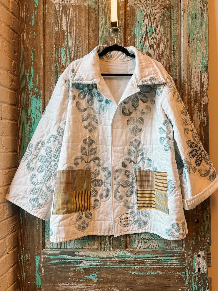 Upcycled "Winter" Vintage White and Blue Quilt Coat: Unisex Large
