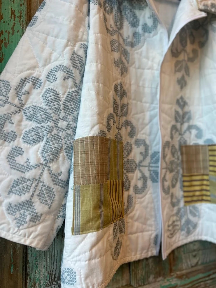 Upcycled "Winter" Vintage White and Blue Quilt Coat: Unisex Large