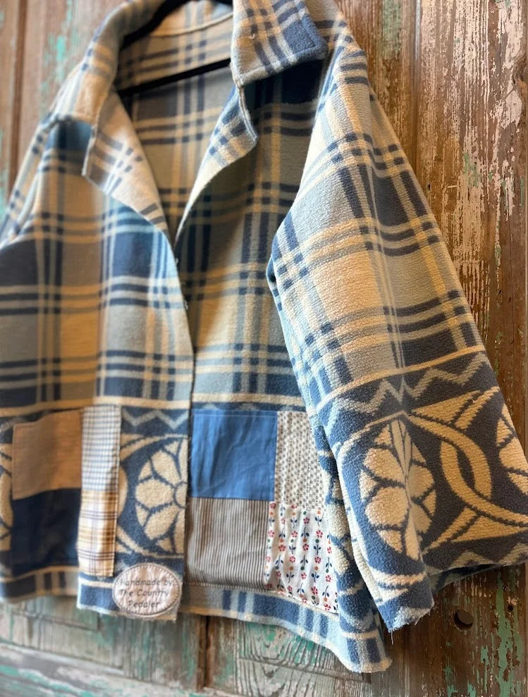 Upcycled "Mr. Blue" Vintage Wool Blanket Coat: Unisex Large