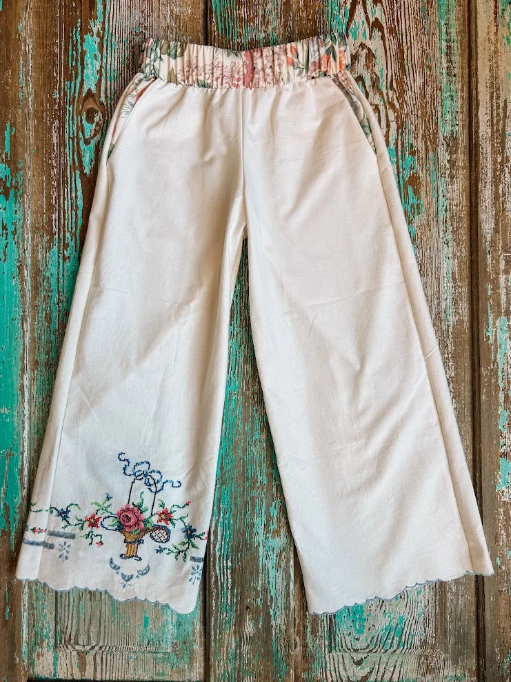 Upcycled "Rose" Vintage Embroidered Pillowcase Pants: Child's Medium