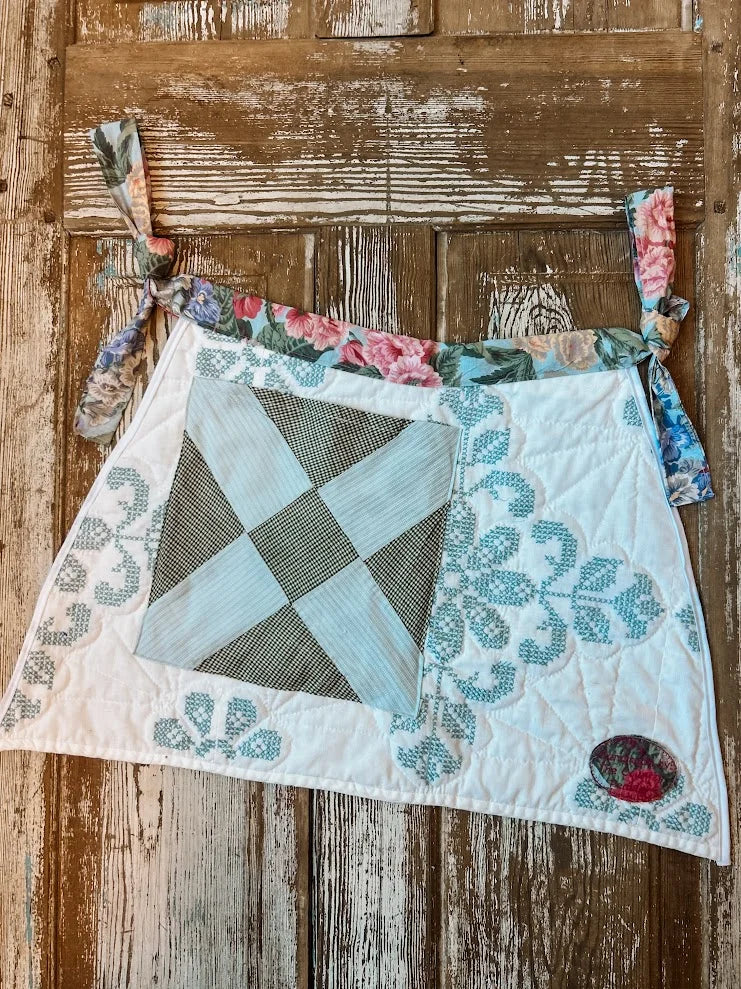 Upcycled "Juniper" Vintage Blue and White Quilt Apron: Adult Half-Apron