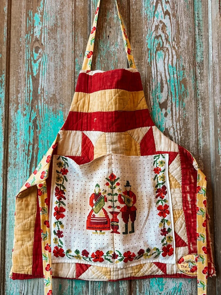 Upcycled "Harriet" Vintage Red and Yellow Quilt Apron: Kids