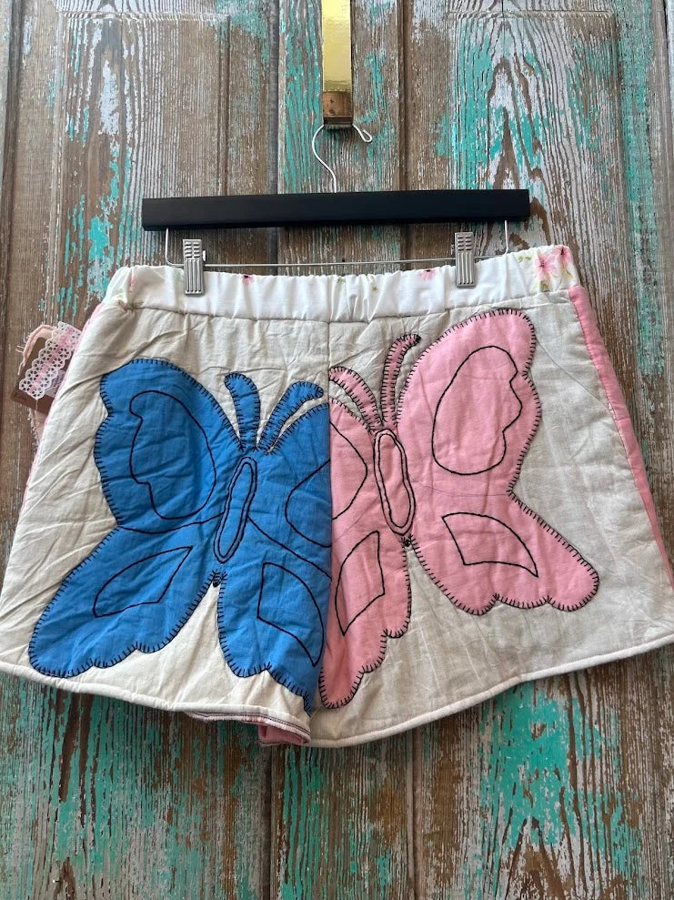 Upcycled "Butterfly" Vintage Quilt Shorts with Pockets: Women's Medium
