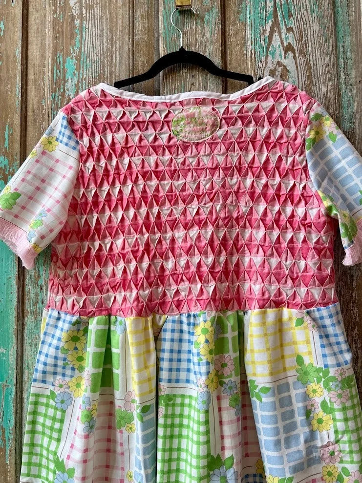 Upcycled "April Showers" Vintage Floral Sheet & Bedspread Dress: Women's Medium
