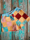 Upcycled "Yellow 4-Patch" Vintage Quilt Shorts with Pockets: Women's XL