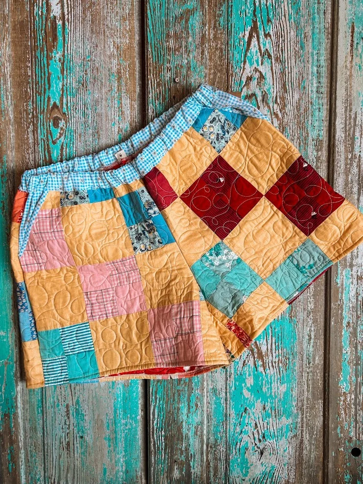 Upcycled "Yellow 4-Patch" Vintage Quilt Shorts with Pockets: Women's XL