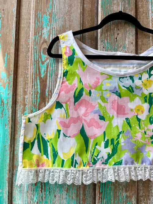 Upcycled "April Showers" Vintage Floral Coverlet Cropped Tank with Lace Hem: Women's XL