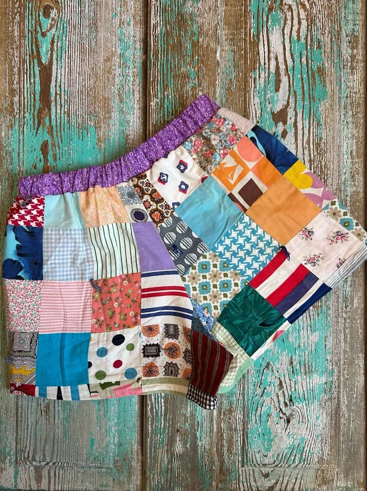 Upcycled "Crazy Patchwork" Vintage Quilt Shorts with Pockets: Women's Medium