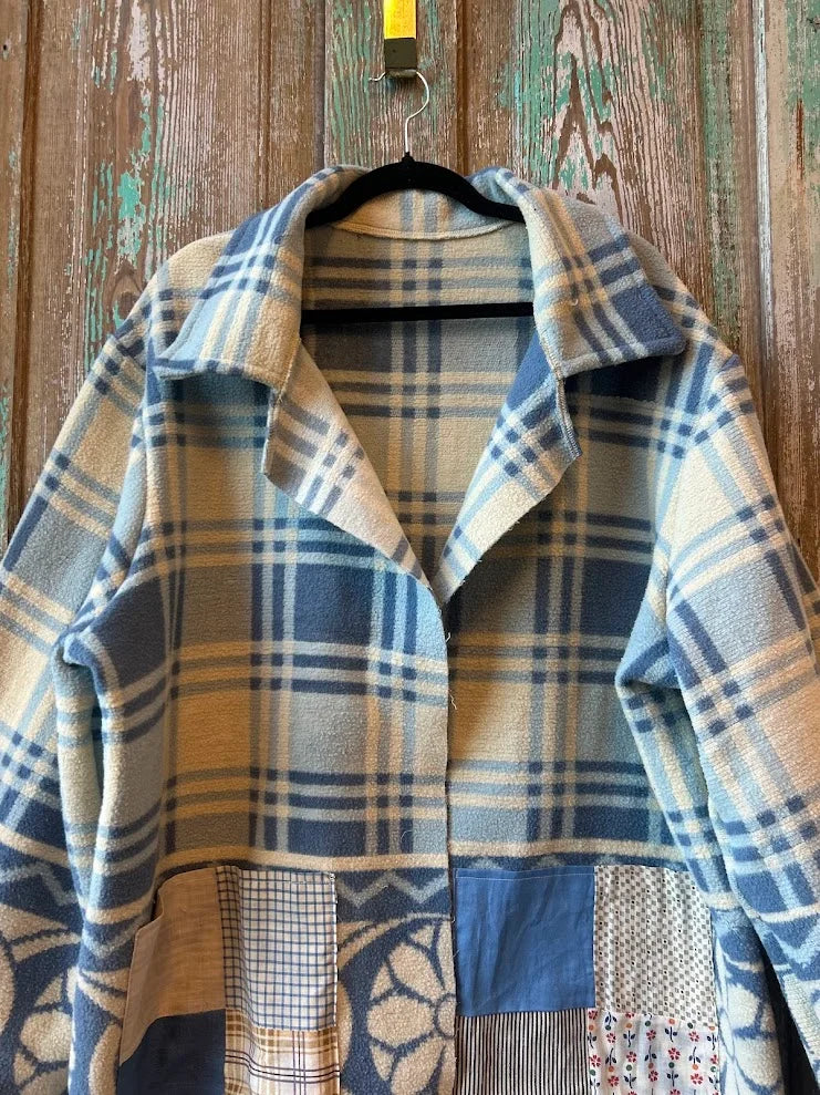 Upcycled "Mr. Blue" Vintage Wool Blanket Coat: Unisex Large