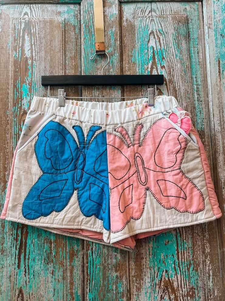 Upcycled "Butterfly" Vintage Quilt Shorts with Pockets: Women's Medium