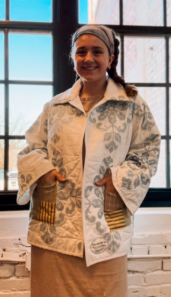 Upcycled "Winter" Vintage White and Blue Quilt Coat: Unisex Large